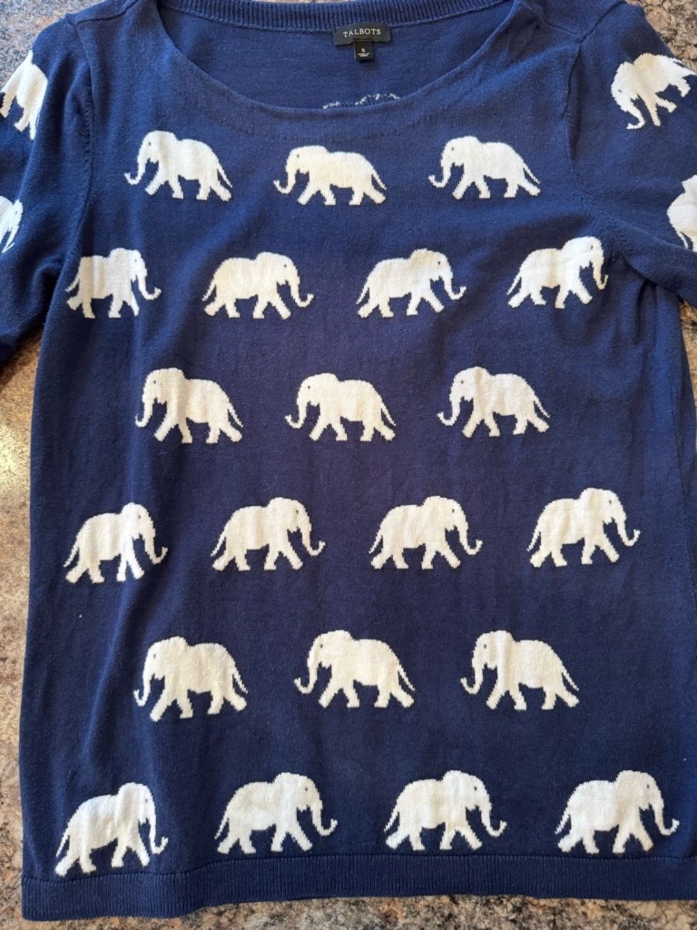 Talbots Navy & White Elephant Pattern Short Sleeve Tee - Picture 2 of 5
